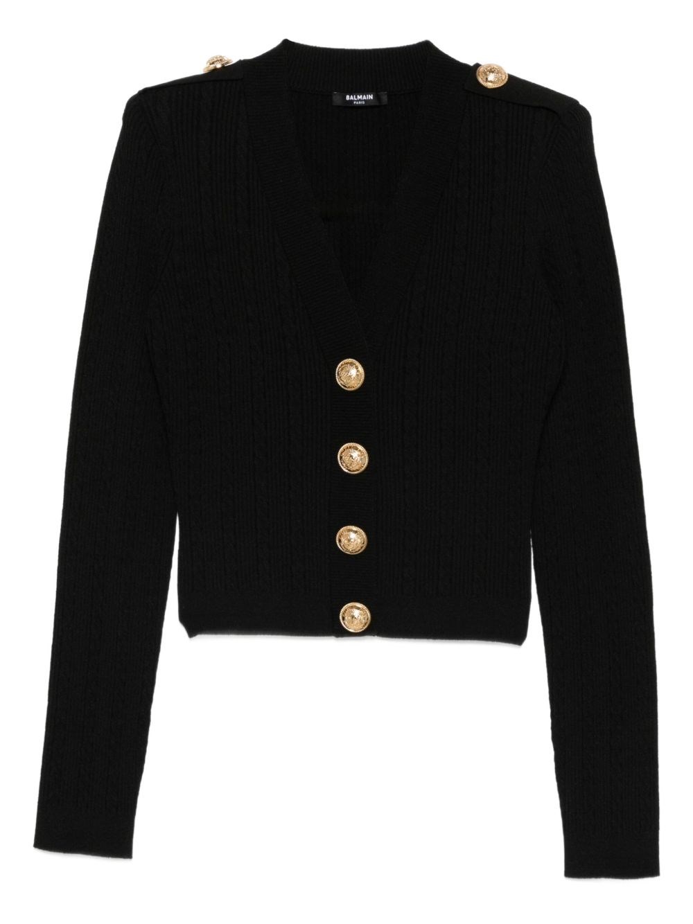 Balmain Black Ribbed Cardigan With Shoulder Pads And Logoed Metal Buttons In Black