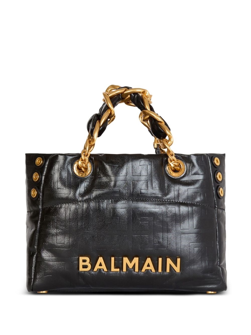 Balmain Black Leather Shopping Bag With Gold Details In Black
