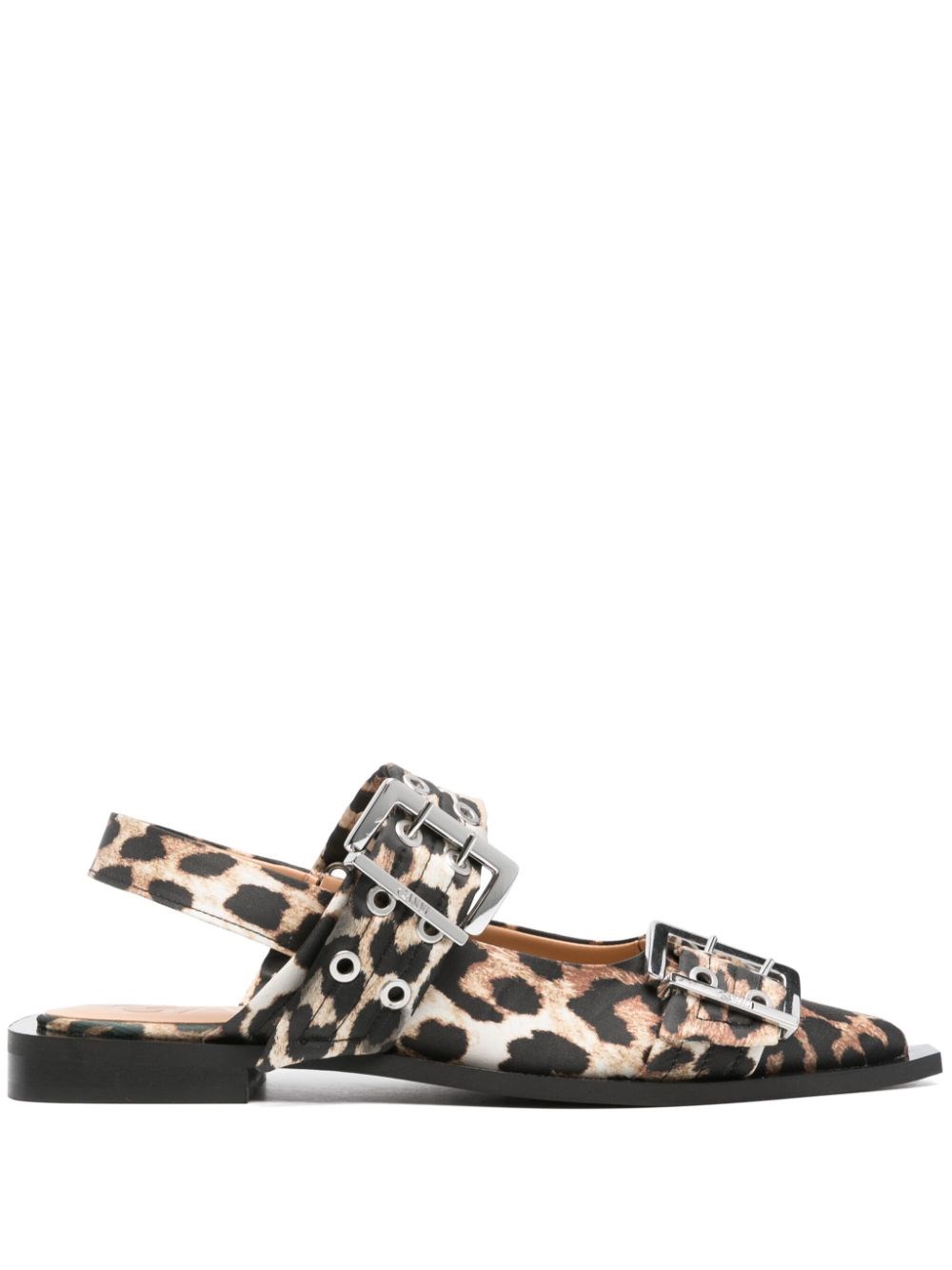 Ganni Multicolor Ballet Shoes With Double Buckle And All-over Leopard Print