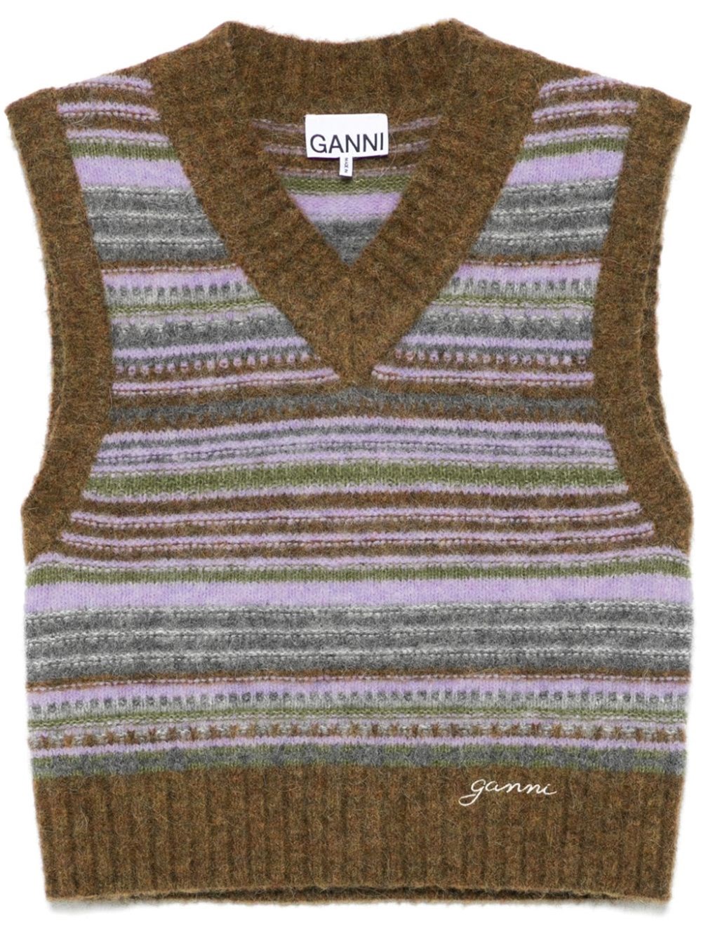 Ganni Womens Military Olive Stripe-pattern Brushed-knit Alpaca And Merino-wool Blend Vest Xl