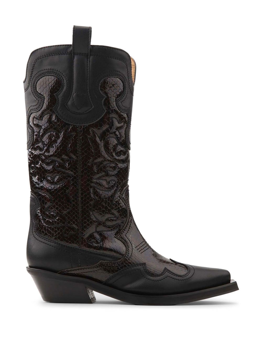 Ganni Embroidered Snakeskin Western Boots With Low Block Heel