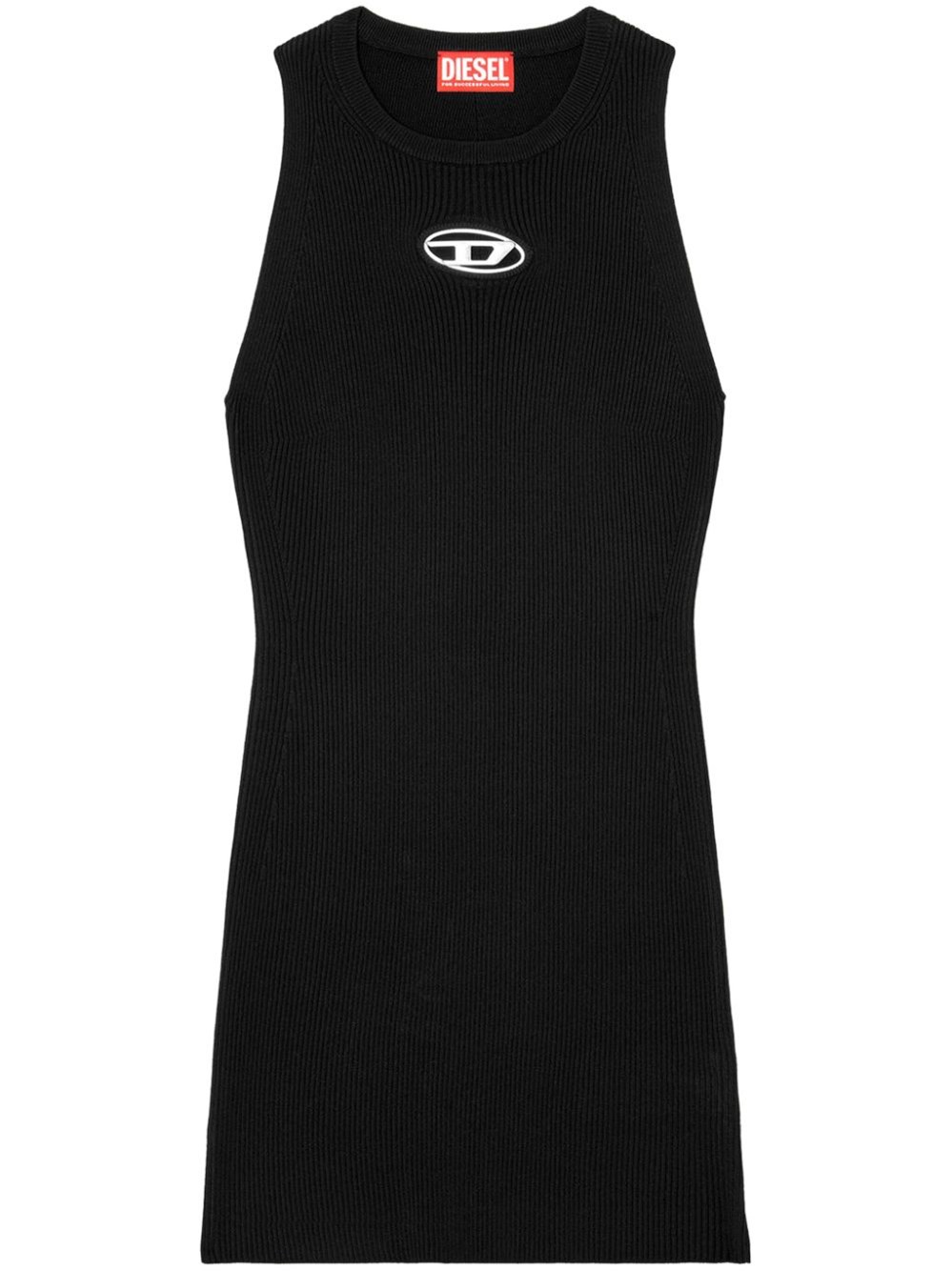 Diesel Ribbed Black Sleeveless Mini Dress With Logo Detail