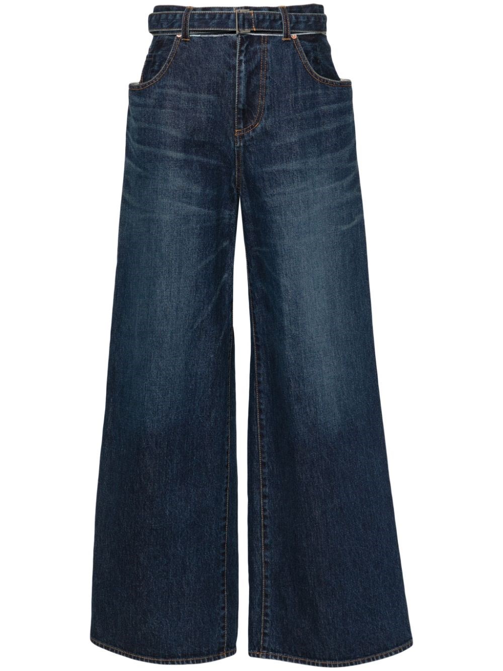 Sacai High Rise Belted Denim Wide Jeans