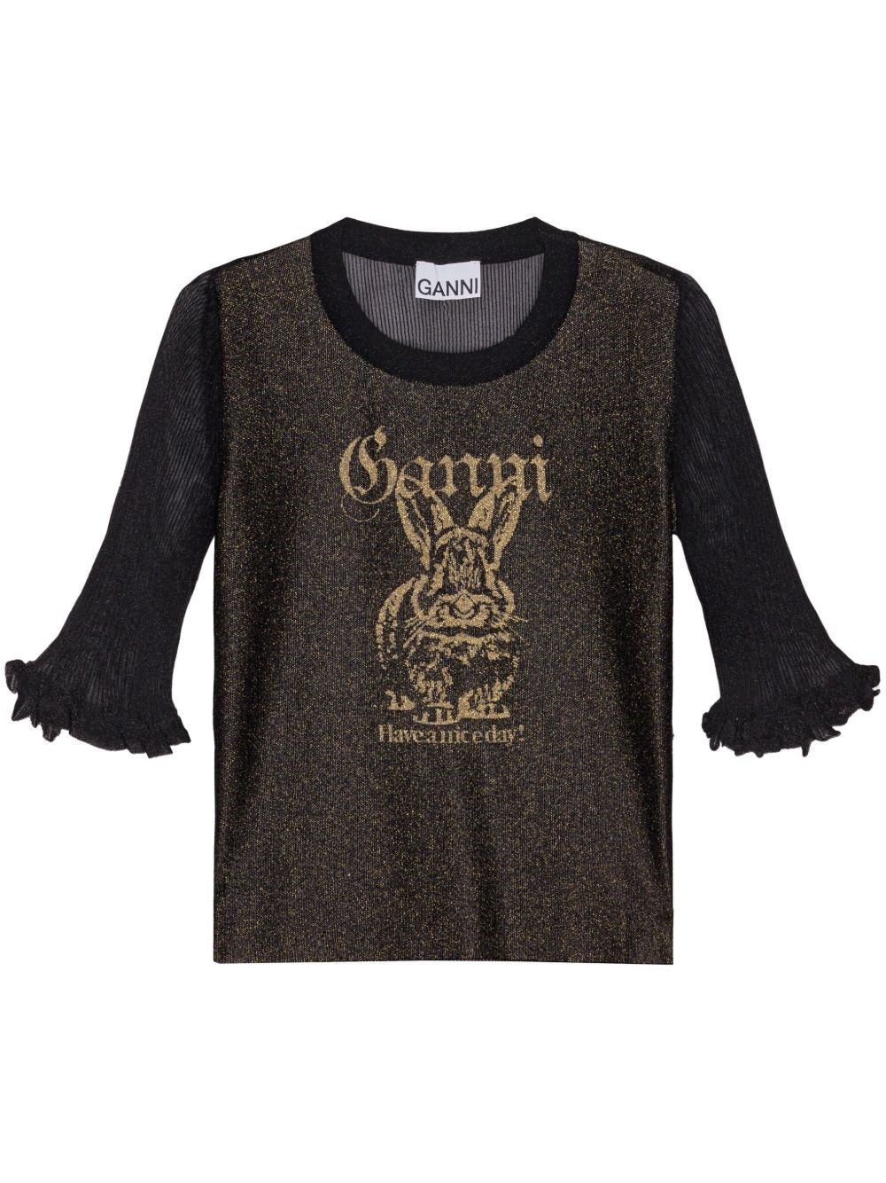 Ganni Transparent Jacquard Top With Playful Graphic In Black
