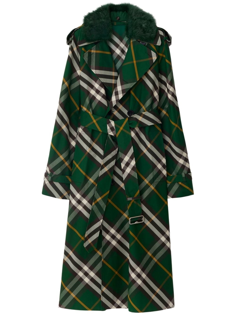 Burberry Check Belted Trench Coat With Faux Fur Collar