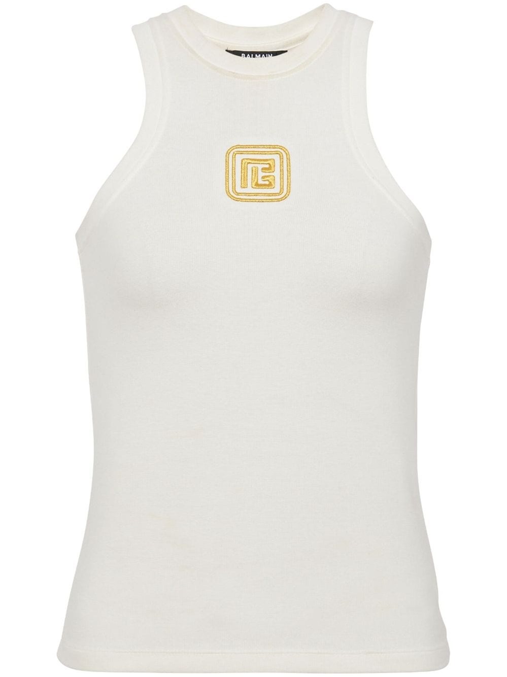 Balmain Beige Embroidered Logo Cotton Blend Top