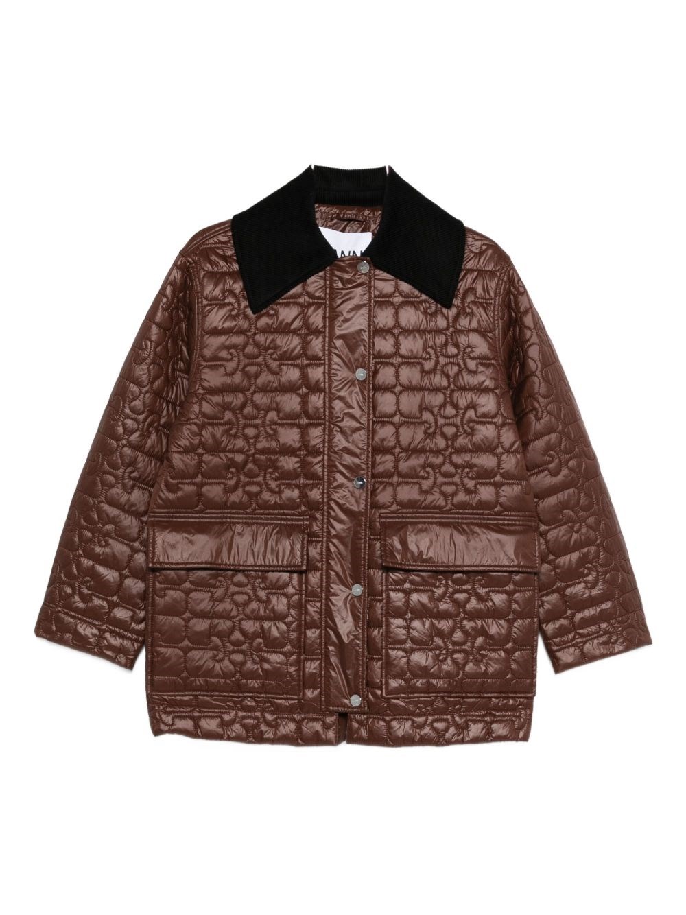 Ganni Quilted Coat With Contrasting Collar In Brown