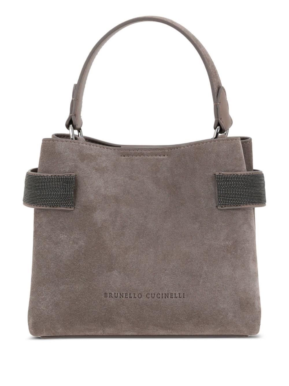 Brunello Cucinelli Embellished Strap Suede Leather Handbag In Gray