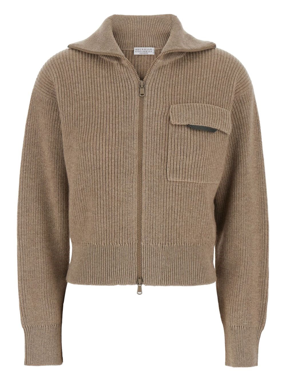 Brunello Cucinelli Beige Cardigan With Spread Collar And Monil Detail On The Front In Cashmere Woman In Brown