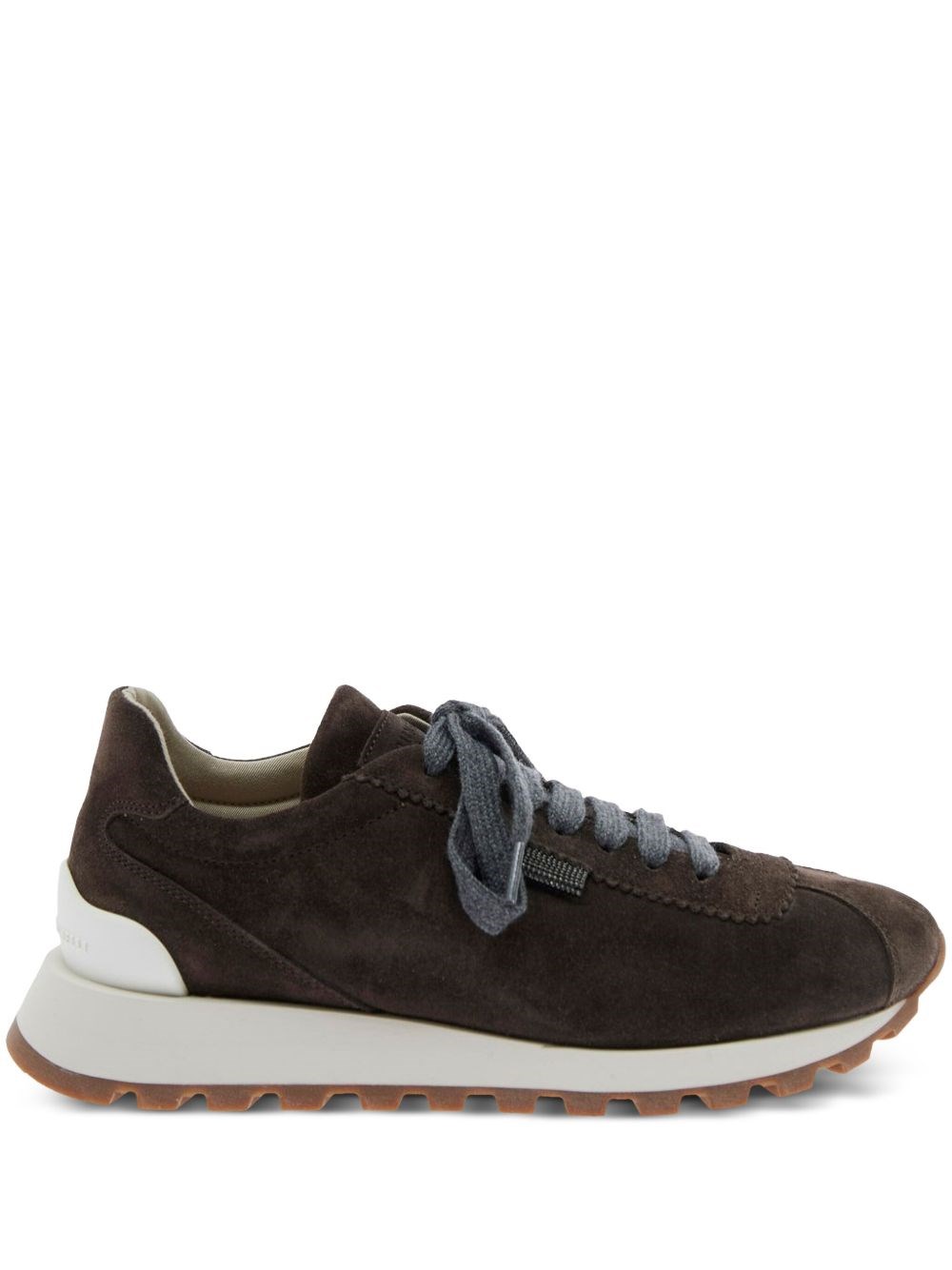 Brunello Cucinelli Brown Low Top Sneakers With Monil Detail On The Side And Embossed Logo Lettering On The Rear In Leat