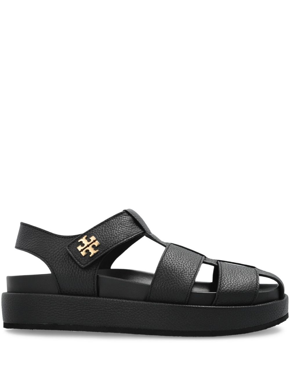 Tory Burch Kira Black Sandals With Logo Plaque In Grained Leather Woman In Black