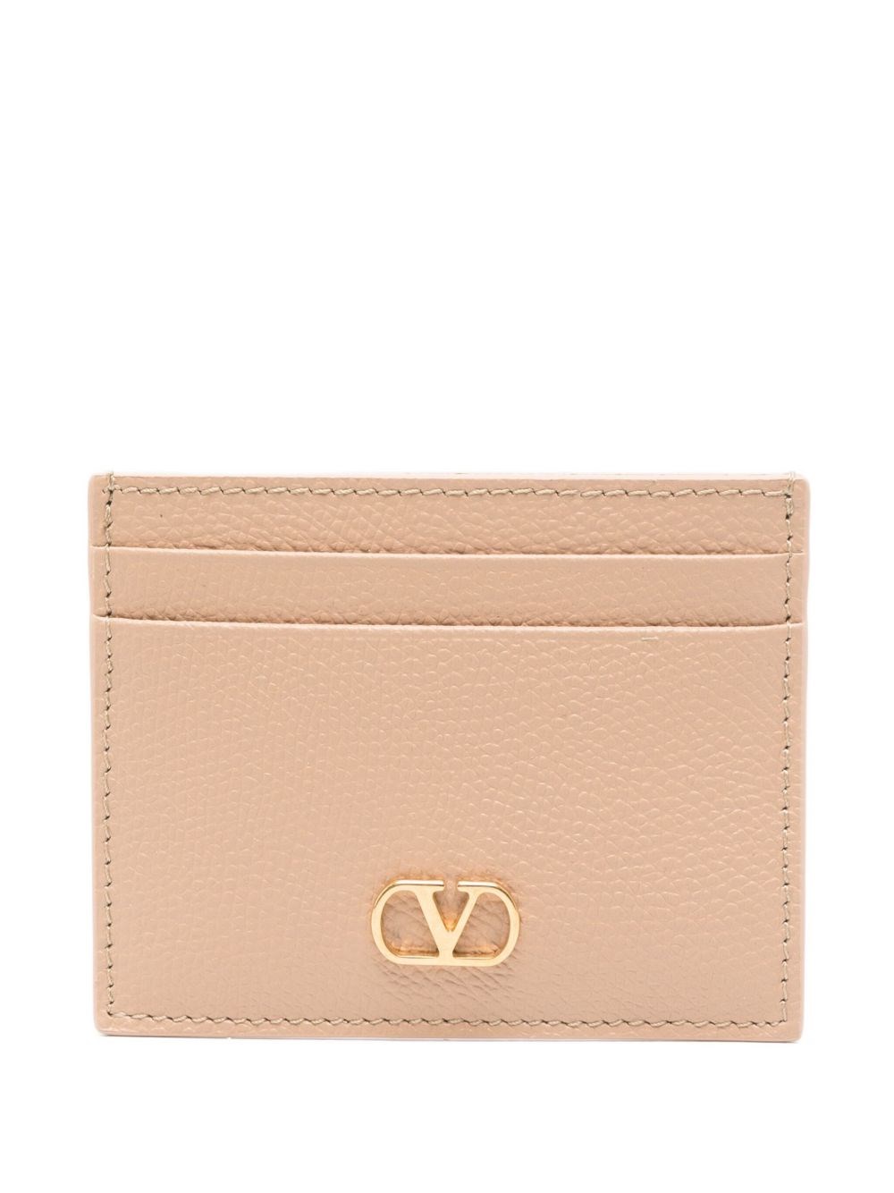 Valentino Signature Leather Card Case With Textured Finish In Neutral