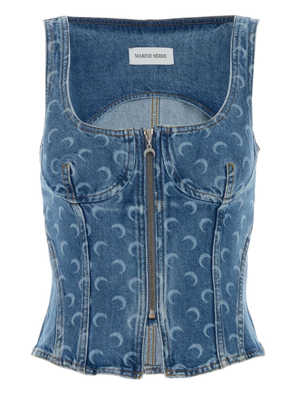 Marine Serre Moon Denim Bustier Top In Blue