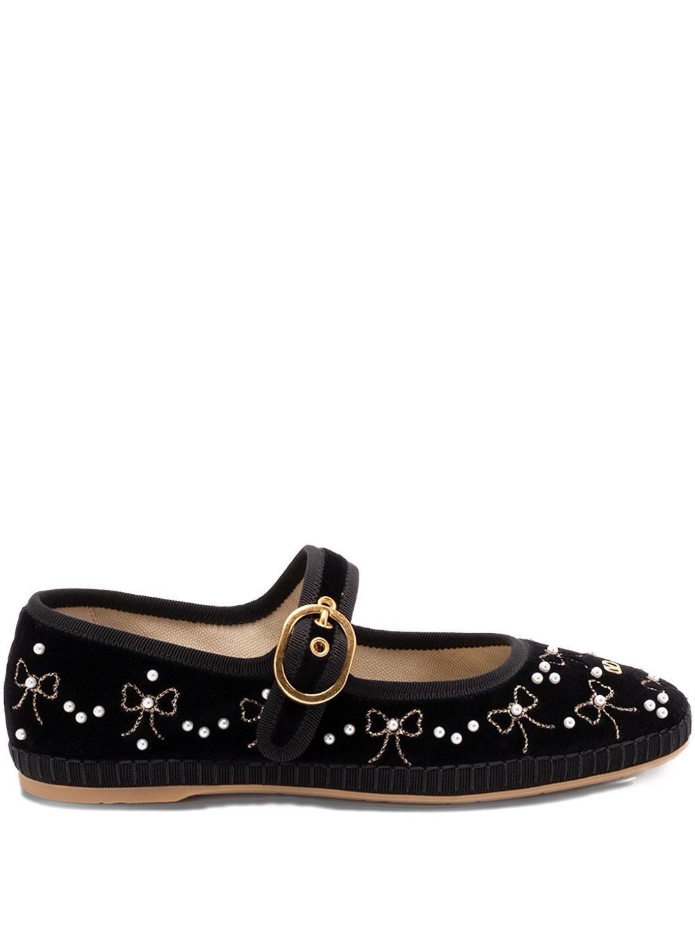 Valentino Endouce Embellished Grosgrain-trimmed Velvet Mary Jane Ballet Flats In Black