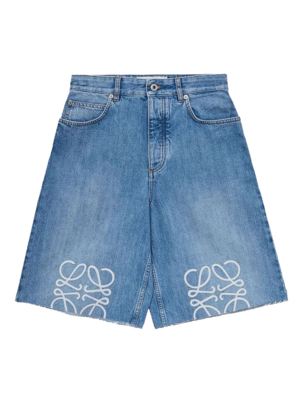 Loewe Anagram Frayed Denim Shorts In Blue