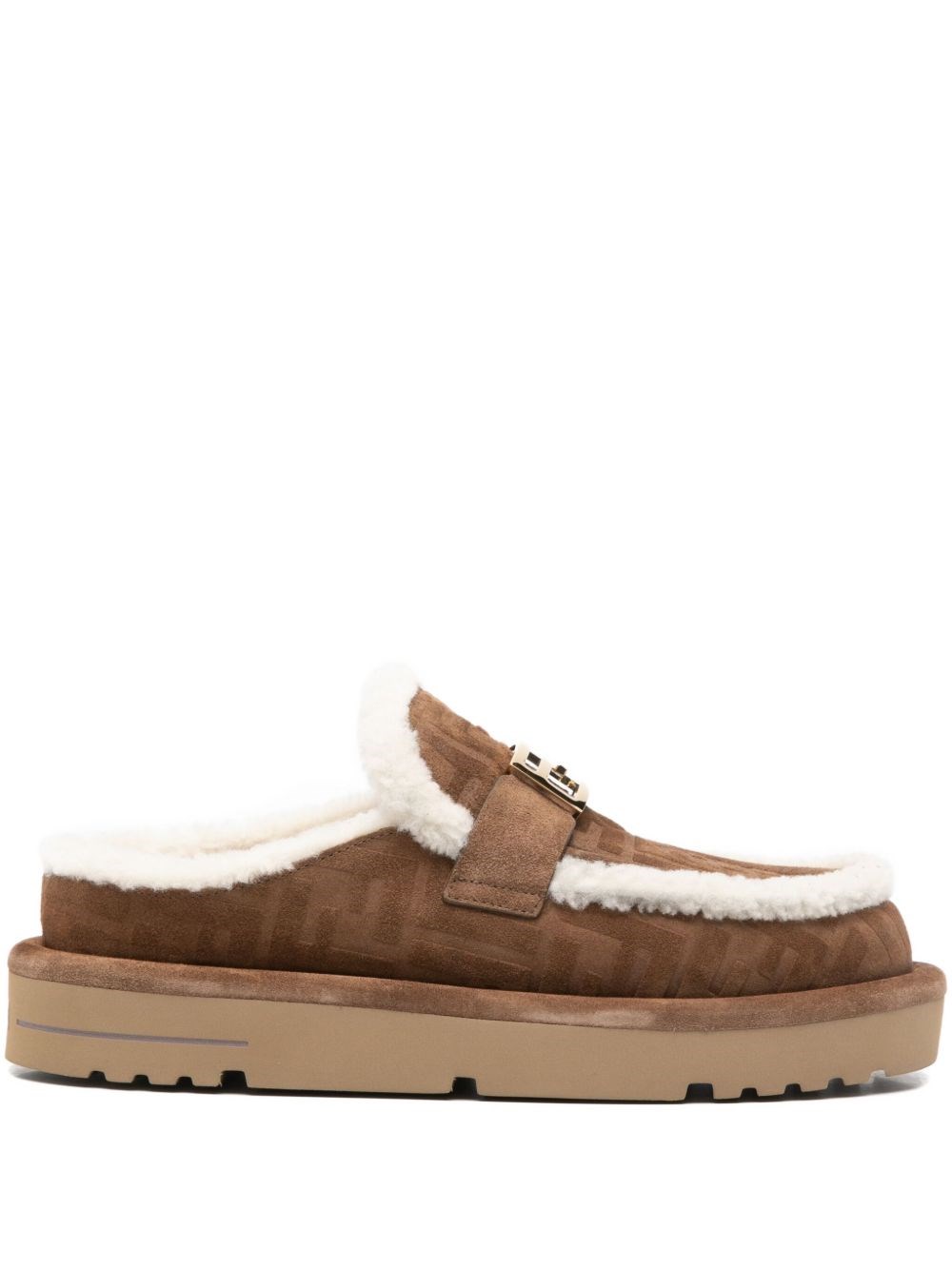 Fendi Women Beige Mules With Logo Lettering On The Rear And Ff Buckle In Suede Woman In Brown