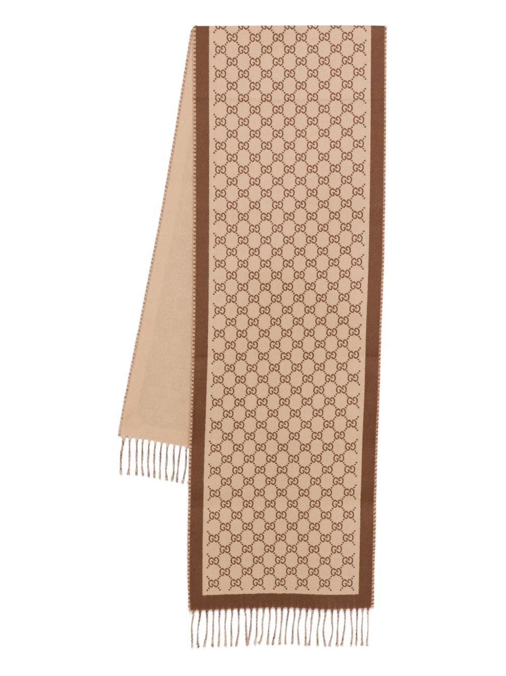 Gucci Reversible Wool Scarf Fringed Edges In Brown