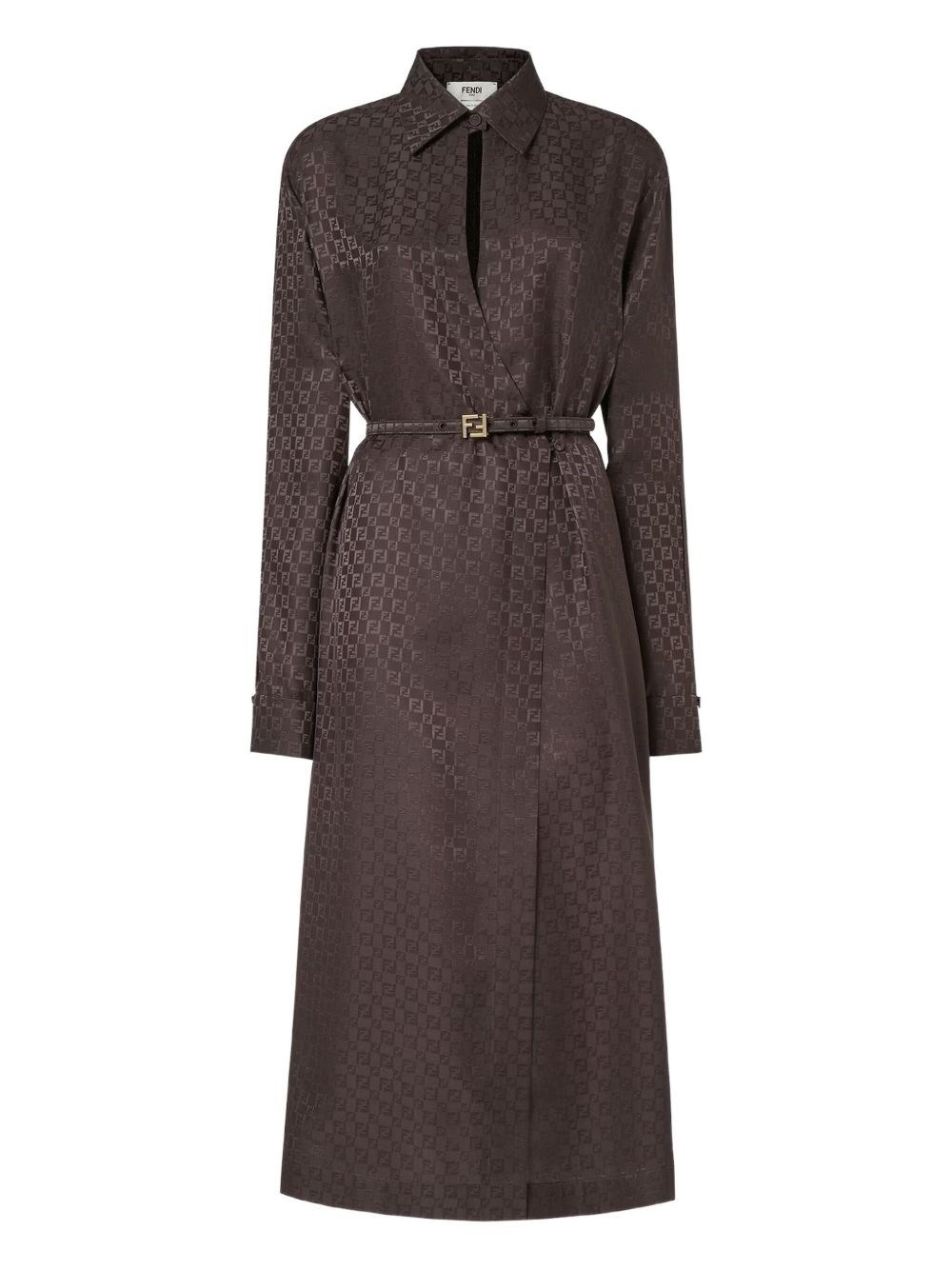 Fendi Silk Chess Ff Long Sleeve Midi Dress Dresses Brown In Brown