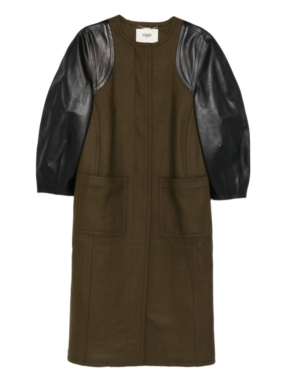Fendi Women Green Crewneck Coat With Puffed Leather Sleeves And Belt With Ff Plaque In Wool And Visc In Multi