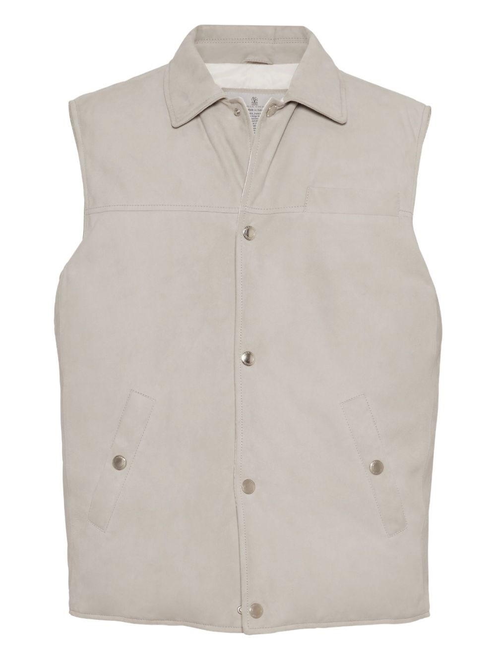Brunello Cucinelli Leather Vest With Sleeveless Design And Slip Pockets In White
