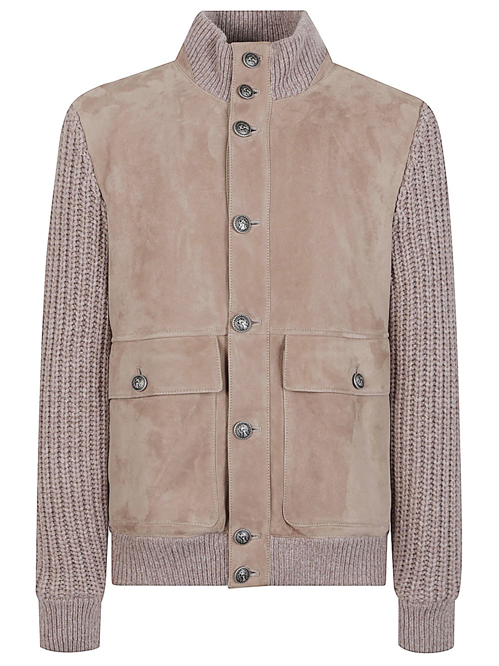 Brunello Cucinelli Bomber Jacket With Knitted Back And Textured Knit Sleeves In Sand
