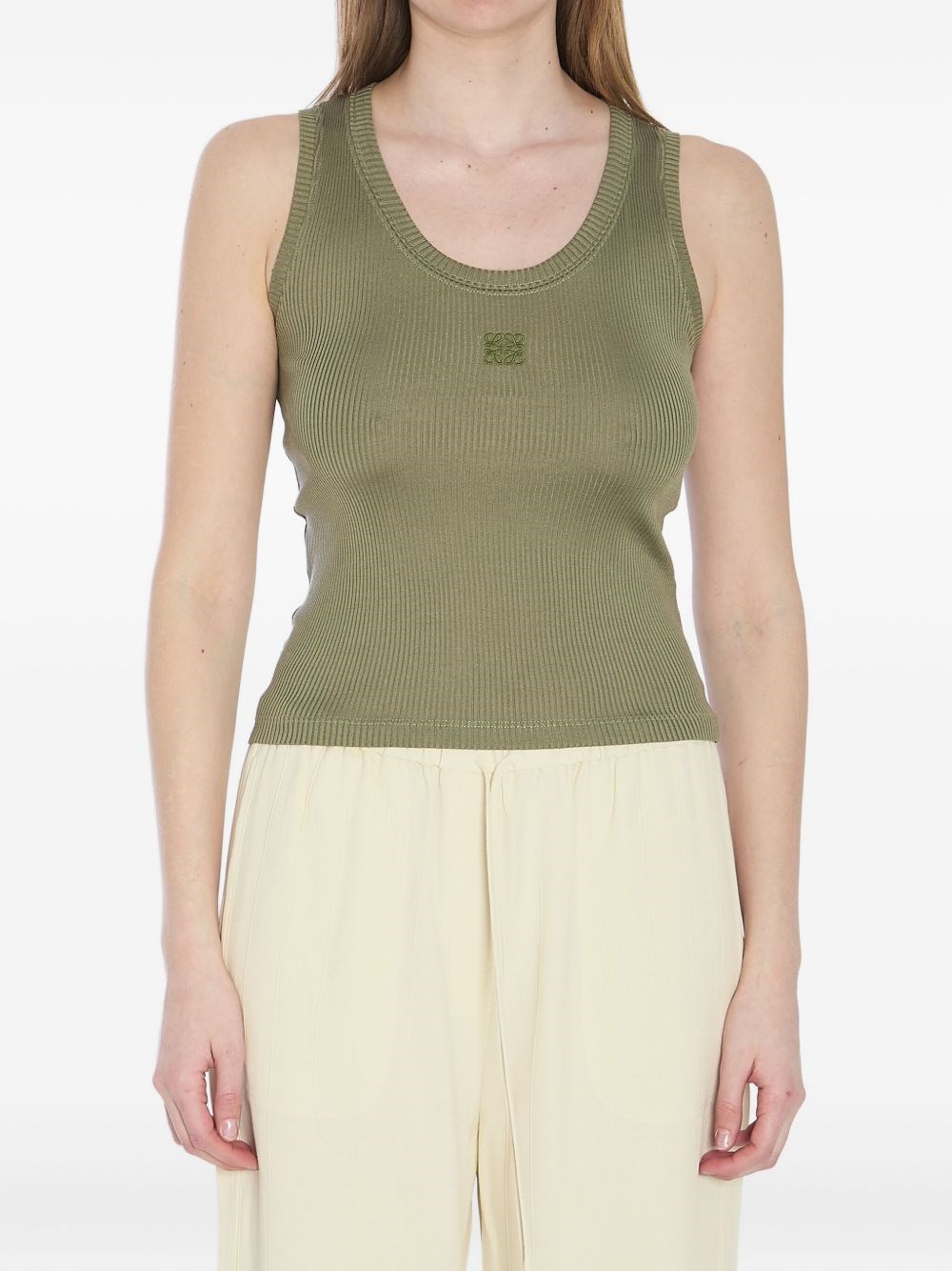 Loewe Anagram Embroidered Ribbed Silk-jersey Tank In Green