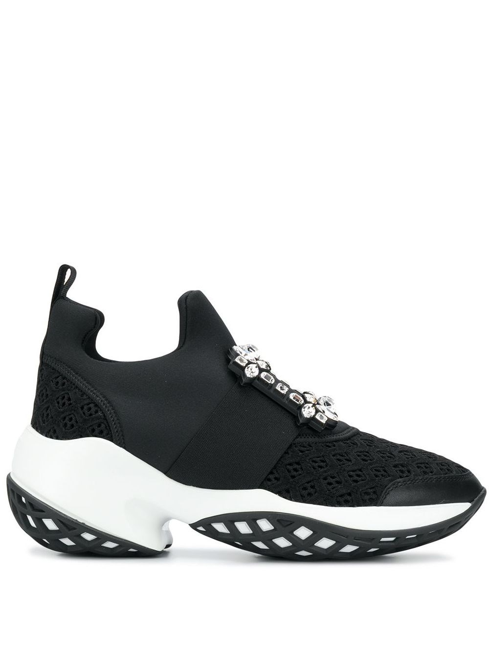 Roger Vivier Roger Viv Mesh Crystal Embellished Slip On Sneakers In Black Nylon