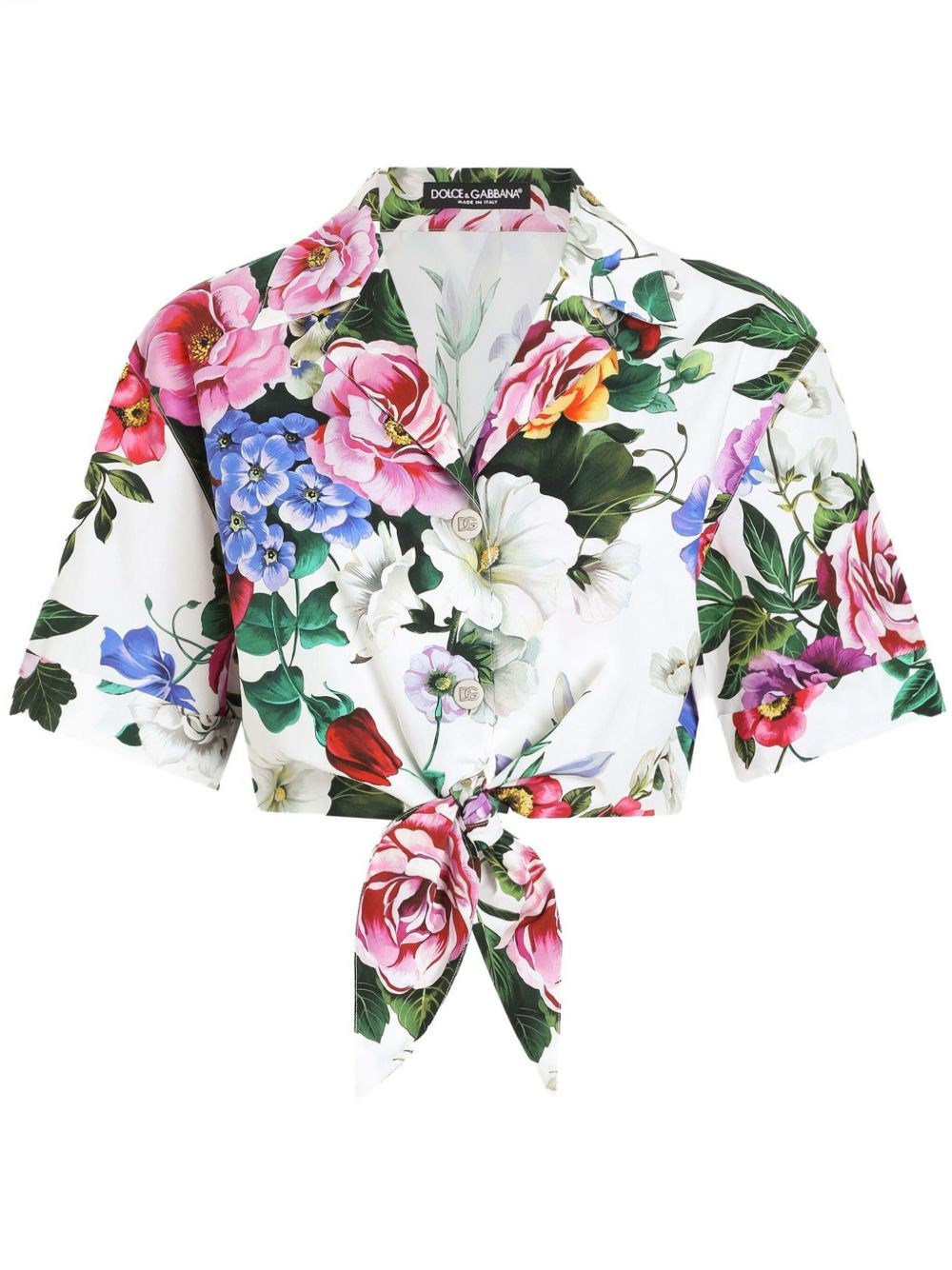 Dolce & Gabbana Multicolor Crop Shirt With All-over Floral Motif And Logo Lettering Detail On The Front In Cotton Wo