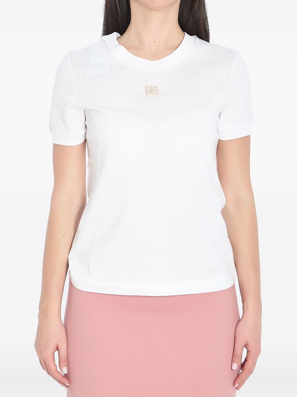 Dolce & Gabbana White T-shirt With Dg Logo On The Front Finished With Rhinestones