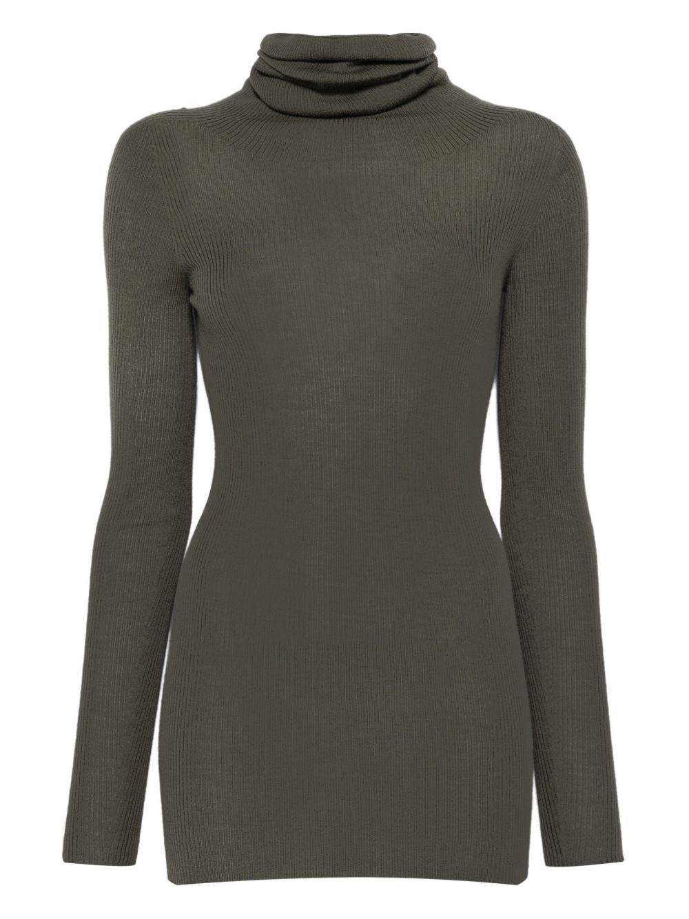 Rick Owens Ribbed Knit Turtleneck Sweater In Wool In Gray